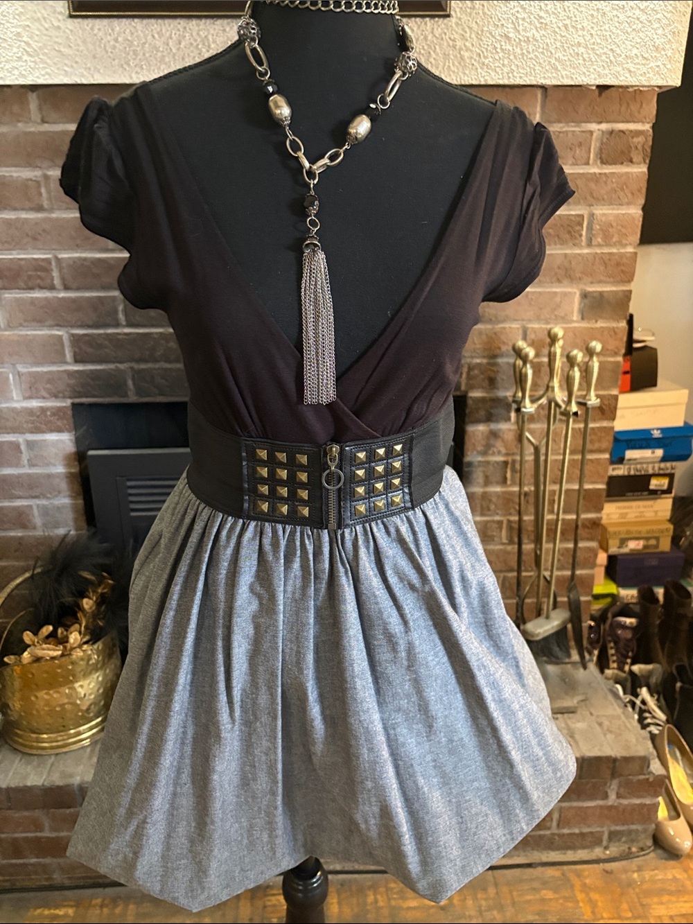 Black Top with Gray Mini Skirt and Studded Waistband